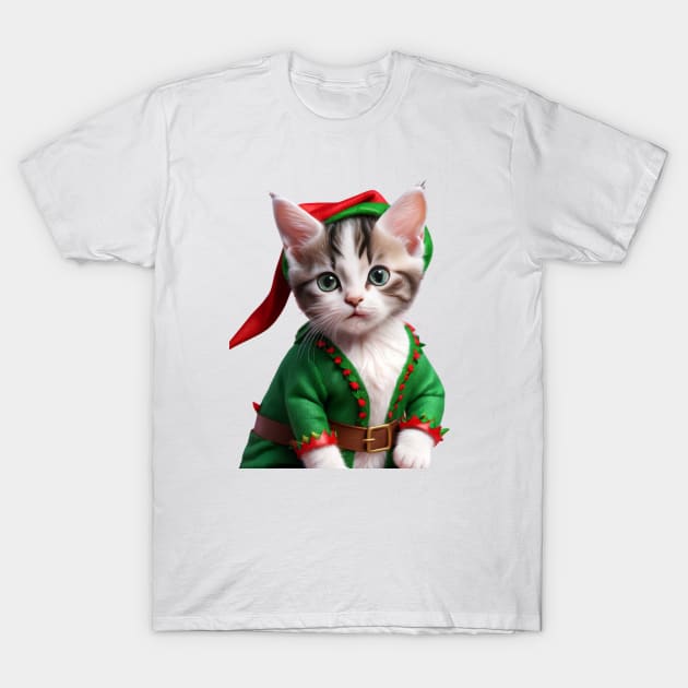 Funny Cat Cute Merry Christmas Ugly Xmas Sweater Elf Kitty T-Shirt by Tina